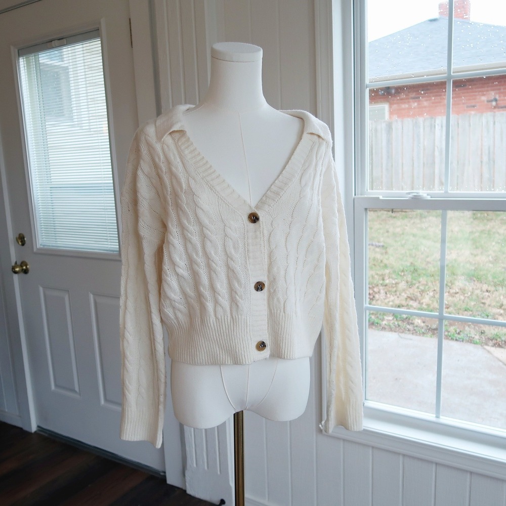 Hippie Rose Womens Cable Knit Cropped Cardigan M Cream Cottagecore Coquette Boho